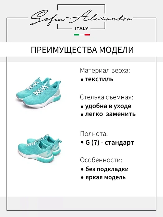 Женские кроссовки SOFIA-ALEXANDRA бирюзовые, артикул SA16785-WB/8-1